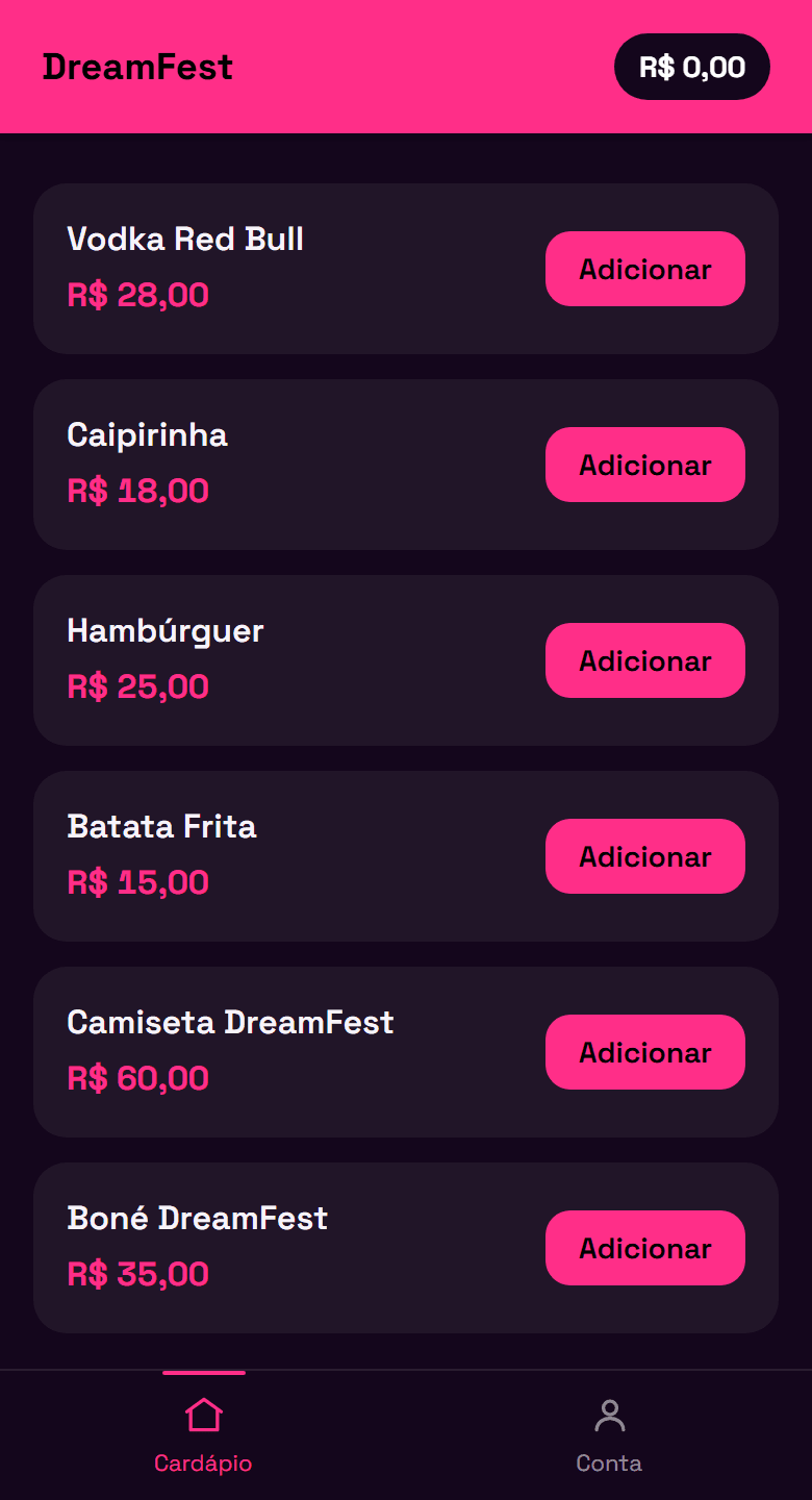 Cardápio do DreamFest aberto no celular, com preços e botão de adicionar