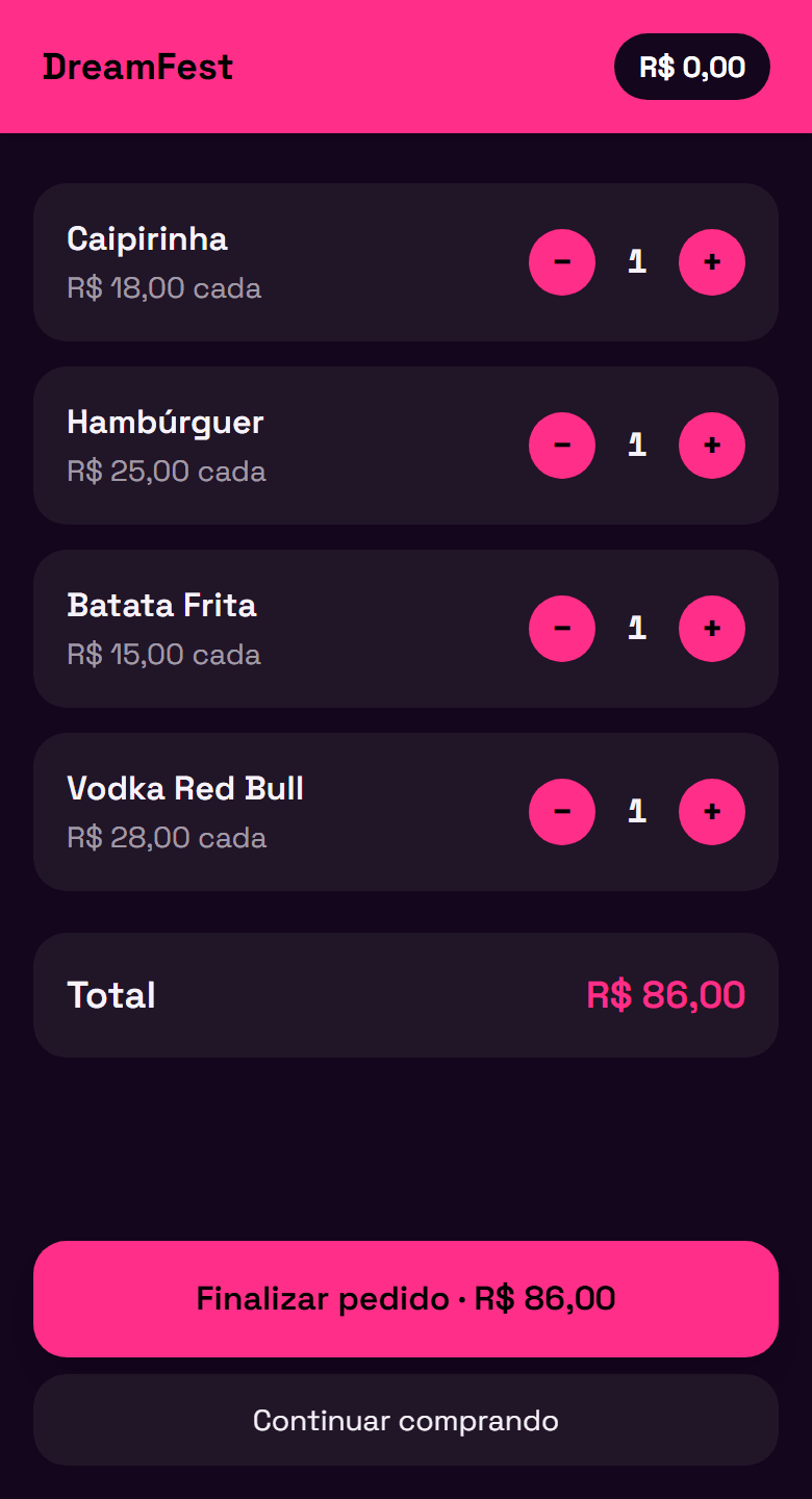 Carrinho do DreamFest com quatro itens e o total de R$ 86,00