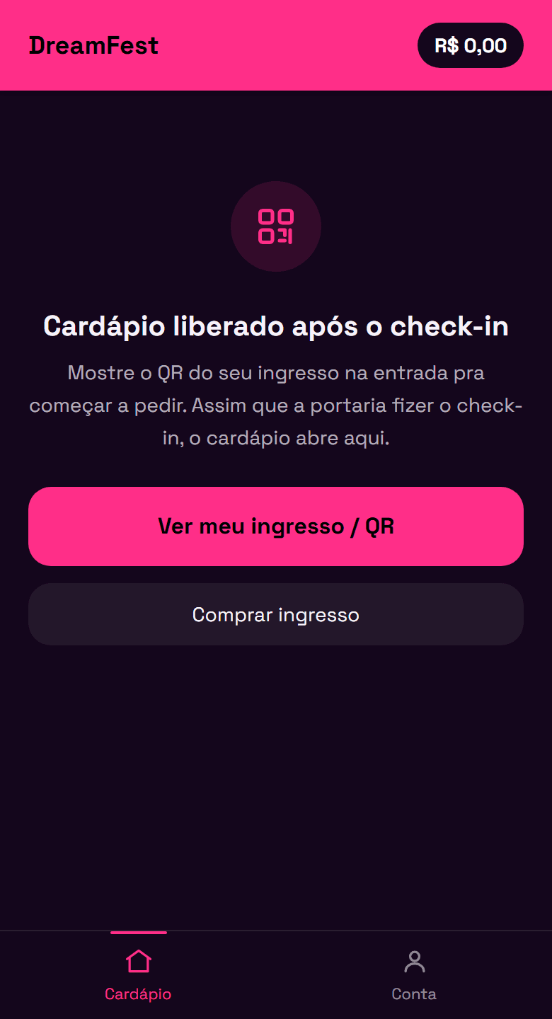 Tela do DreamFest avisando que o cardápio libera após o check-in na portaria